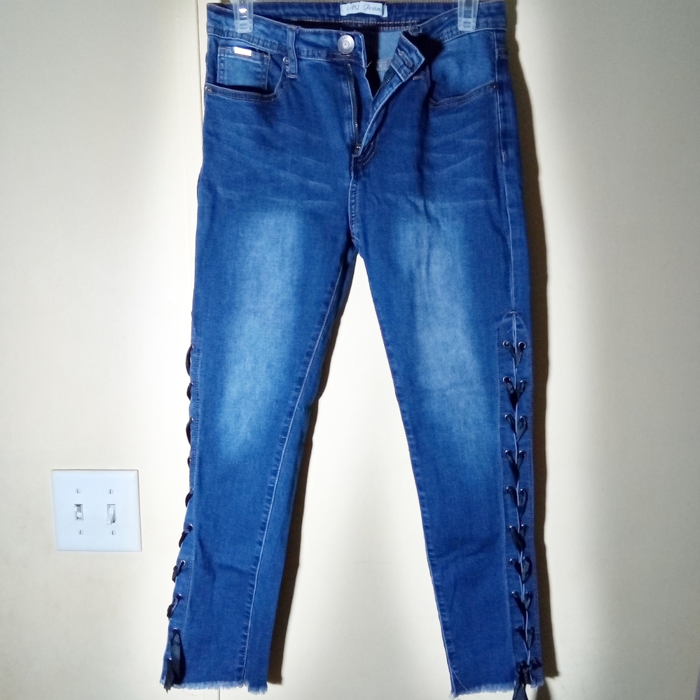Women's Blue AQ Denim jeans With Ribbon Ties and distressed hem